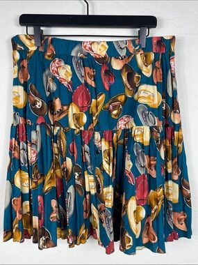 Vintage Teal Cowboy Hat Print Tiered Western Skirt OS